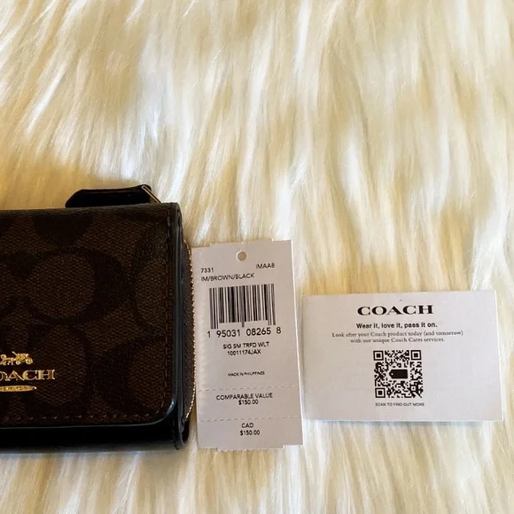 NWT💃Coach Small Trifold Wallet In Signature Canvas Brown Black - Picture 8 of 8